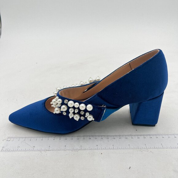 XYD Blue Pointed Toe Chunky Pumps Slip On Mary Jane Single Strap with Pearl Stud - Picture 2 of 8